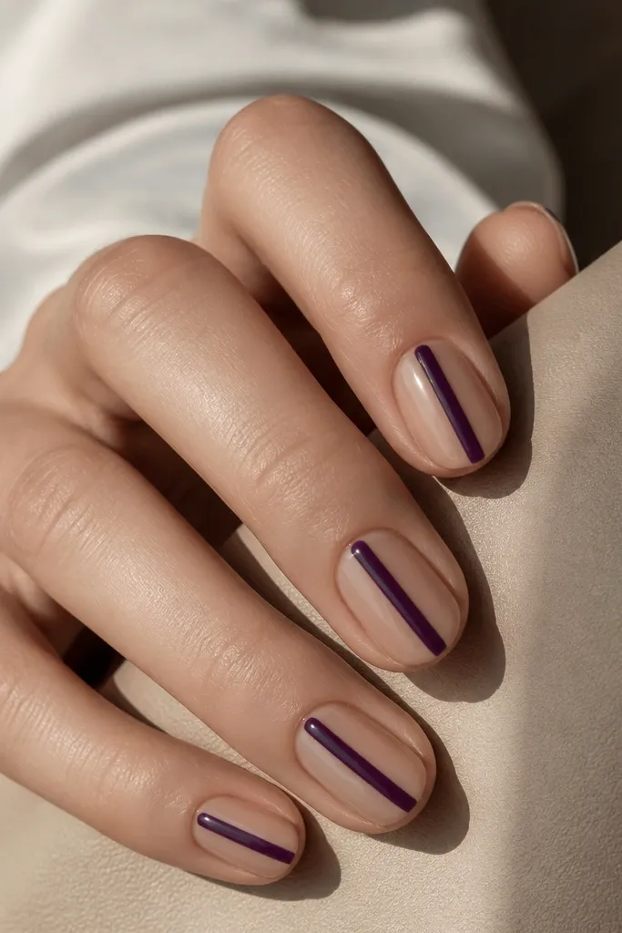 Nude nails with a single dark purple stripe running straight down the center. The stripe is glossy and slightly raised, like a gel line.