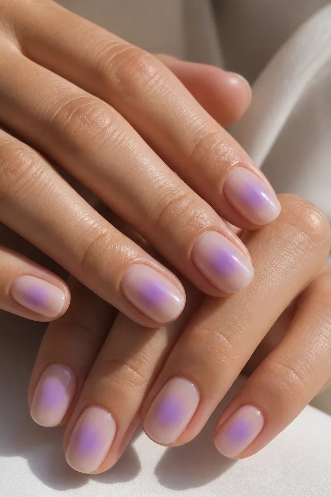 Nude base nails with a soft purple aura around the center of each nail. The aura is brightest in the middle and fades outward, like an airbrushed glow.