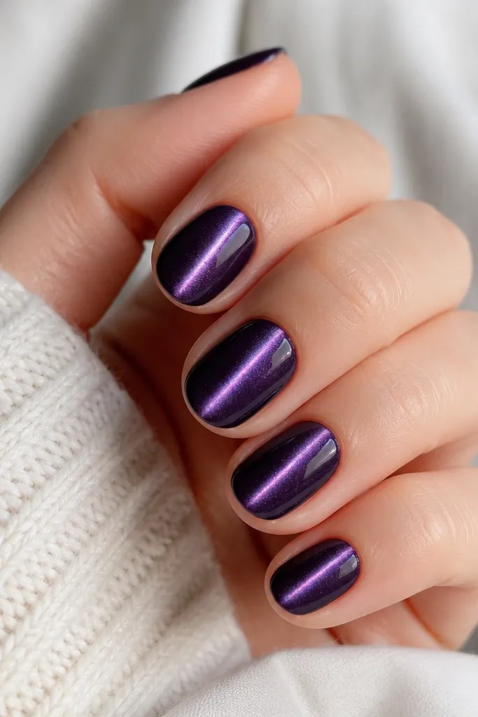 Short oval nails painted with a deep purple cat-eye effect. A bright magnetic line runs straight down the center of each nail.
