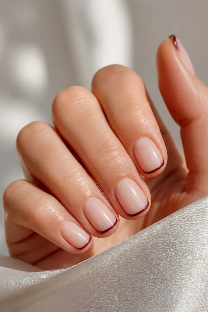 Short nails with a nude base. A micro French tip is painted gothic plum, and there's a tiny negative-space gap between the tip and the rest of the nail.
