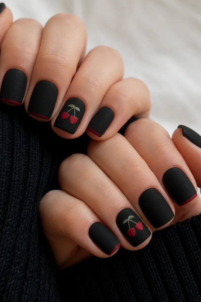 Short square nails painted matte black with small red cherry heart icons on the ring fingers; other nails have subtle red at the very tips only, with a soft velvety texture visible.