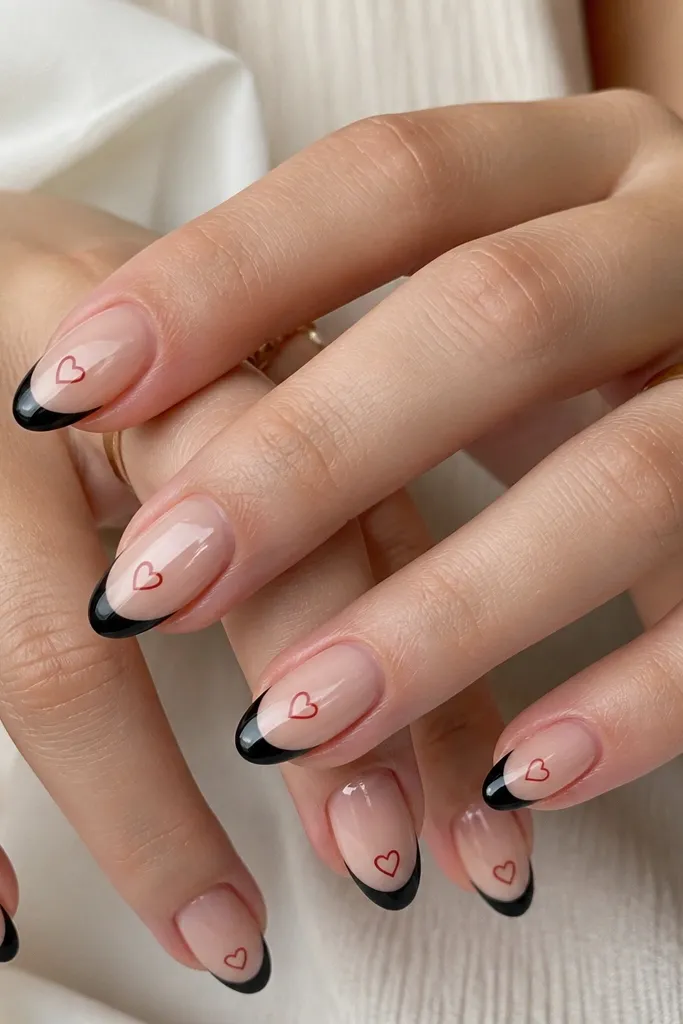 Medium almond nails with a thick black French curve; thin red micro-heart outlines sit on the center of each nail, like tiny line art, with the rest of the nail in natural nude base.