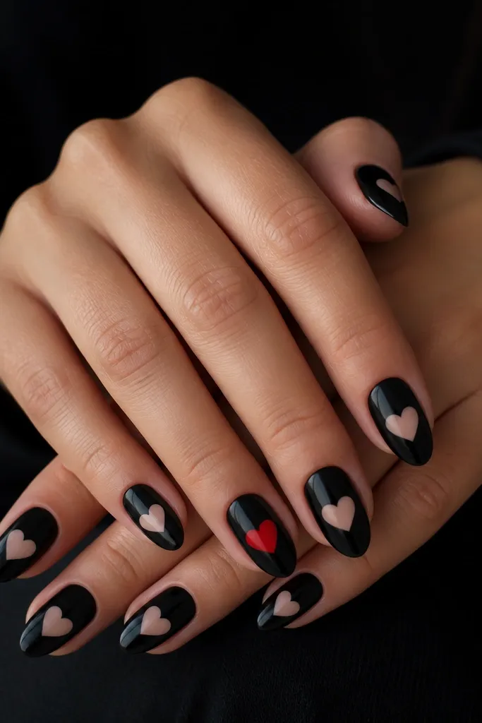 Glossy black nails with a heart-shaped cutout in nude near the center of each nail; the heart edges are clean and the rest of the nail stays solid black with one red accent heart on the ring fingers.