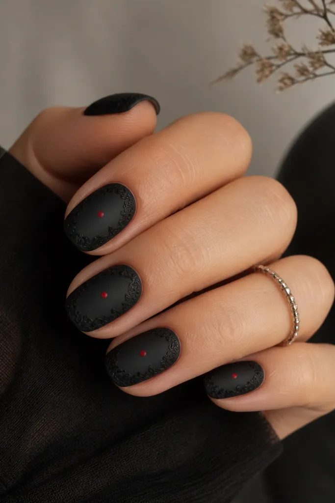 Short oval nails matte black with thin lace-like curving lines in black around the perimeter; a single tiny red dot sits in the center of each nail.