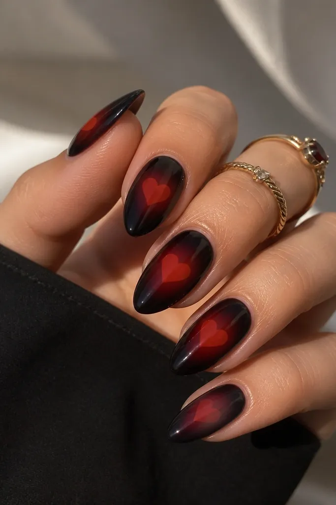 Medium almond nails with a glossy black aura gradient in the center fading outward; a red heart shape sits inside the gradient on each nail, with a soft glow effect.