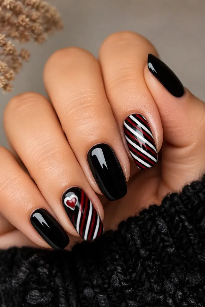 Every nail is glossy black except two accent nails with diagonal candy cane stripes in red and white over a black base; one accent has a tiny red heart near the cuticle.