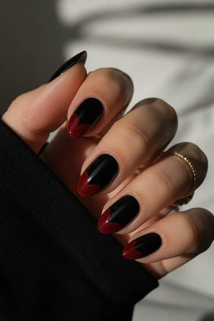 Short almond nails with a deep glossy black base; the tips are covered in a red velvet effect gel shaped like a heart point in the center.
