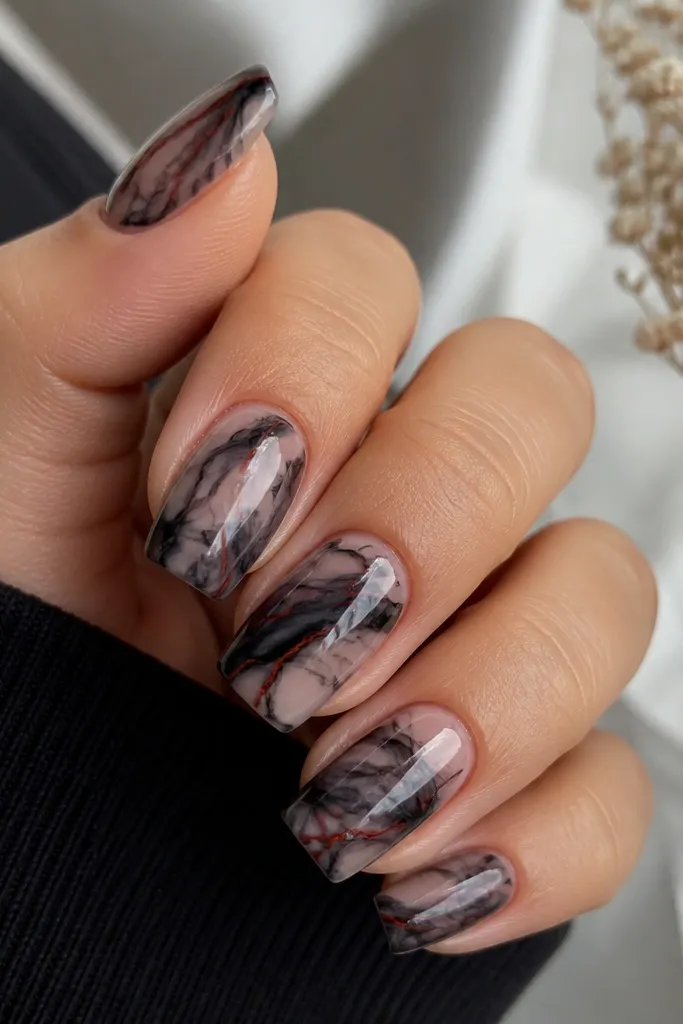 Medium square nails with black marble swirls over a clear base; thin red vein lines run through the swirls, with glossy finish throughout.