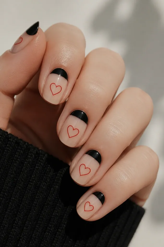 Nails with a black half-moon at the cuticle (about one-third of the nail width); the rest is sheer nude; a red outline heart sits near the center of each nail.