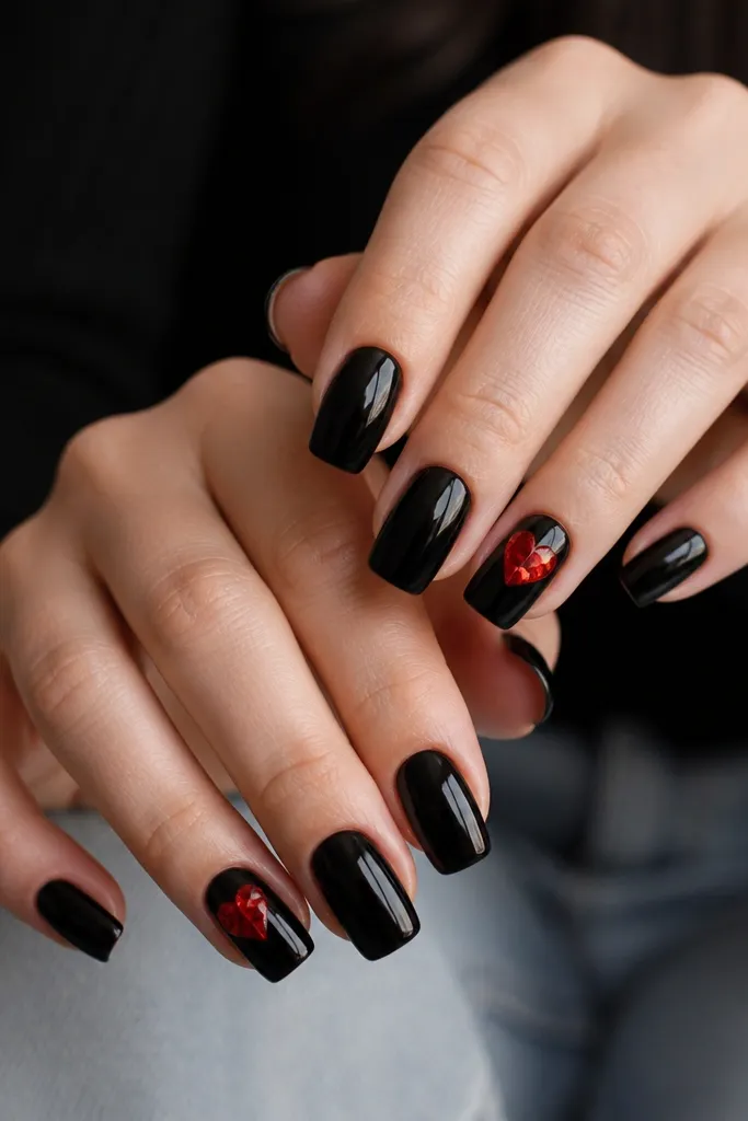 Glossy black nails with one accent nail per hand featuring red foil shards arranged into a heart shape; other nails stay solid black.