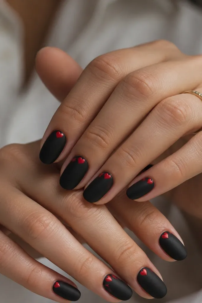 Matte black nails with tiny red heart shapes sitting right at the cuticle; a few nails also have a small red star dot near the sidewall.