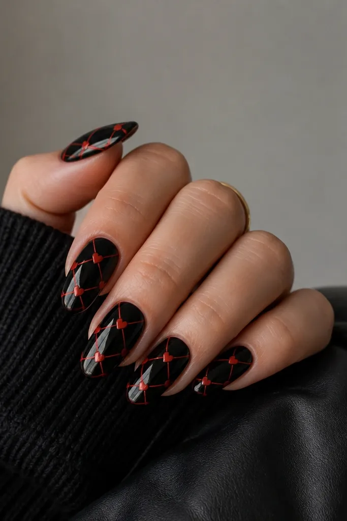 Glossy black nails with thin red crisscross lines forming a lattice; small red hearts sit at each crossing point on the lattice.