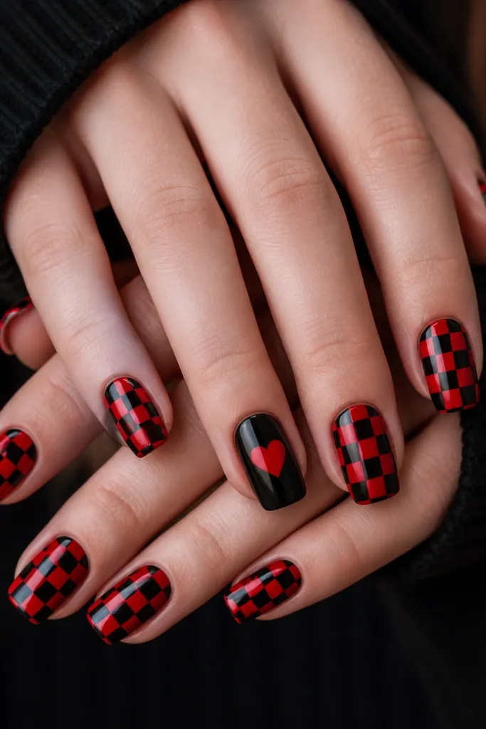 Alternating black and red checkerboard squares on most nails; one ring finger nail is solid black with a single red heart centered.