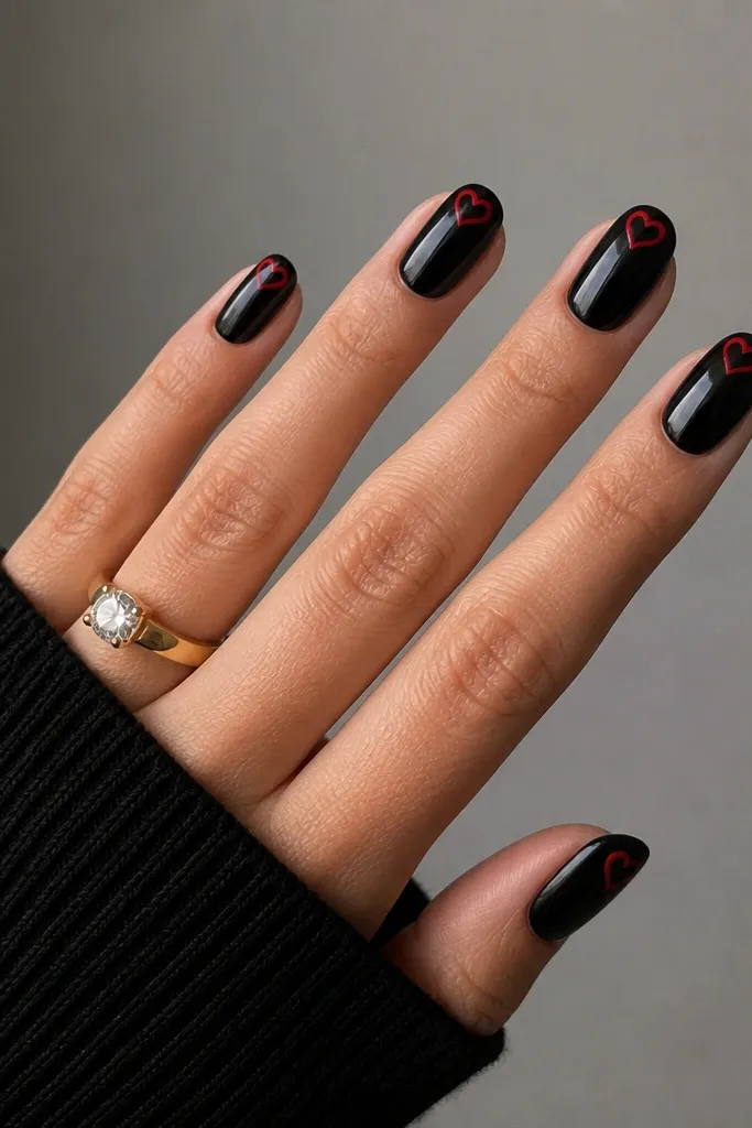Glossy black nails with a thin red heart drawn at the top corner of each nail where a French tip would start; the rest is black.