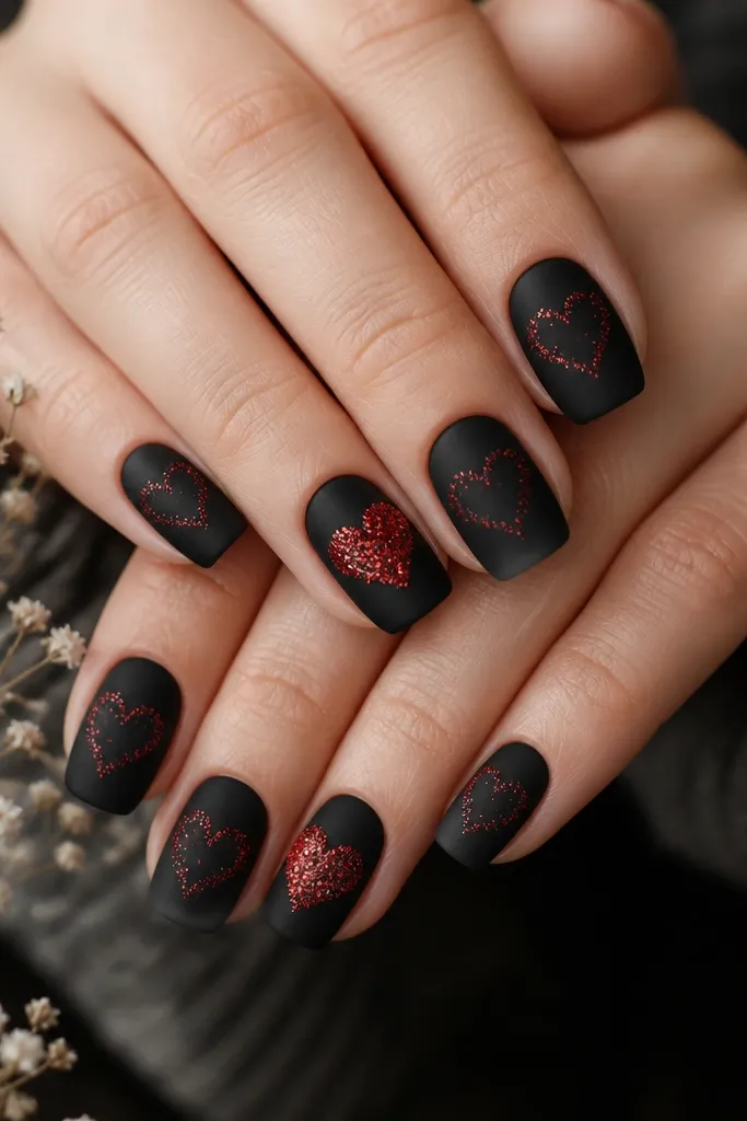 Matte black nails with a few red glitter flecks forming a loose heart shape on each nail; ring fingers show a more defined red heart glitter cluster.