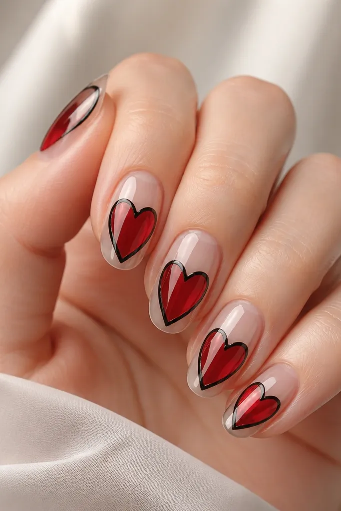 Clear base nails with black gel outline forming heart shapes; the heart areas are filled with red translucent gel, creating a stained glass look; glossy finish.