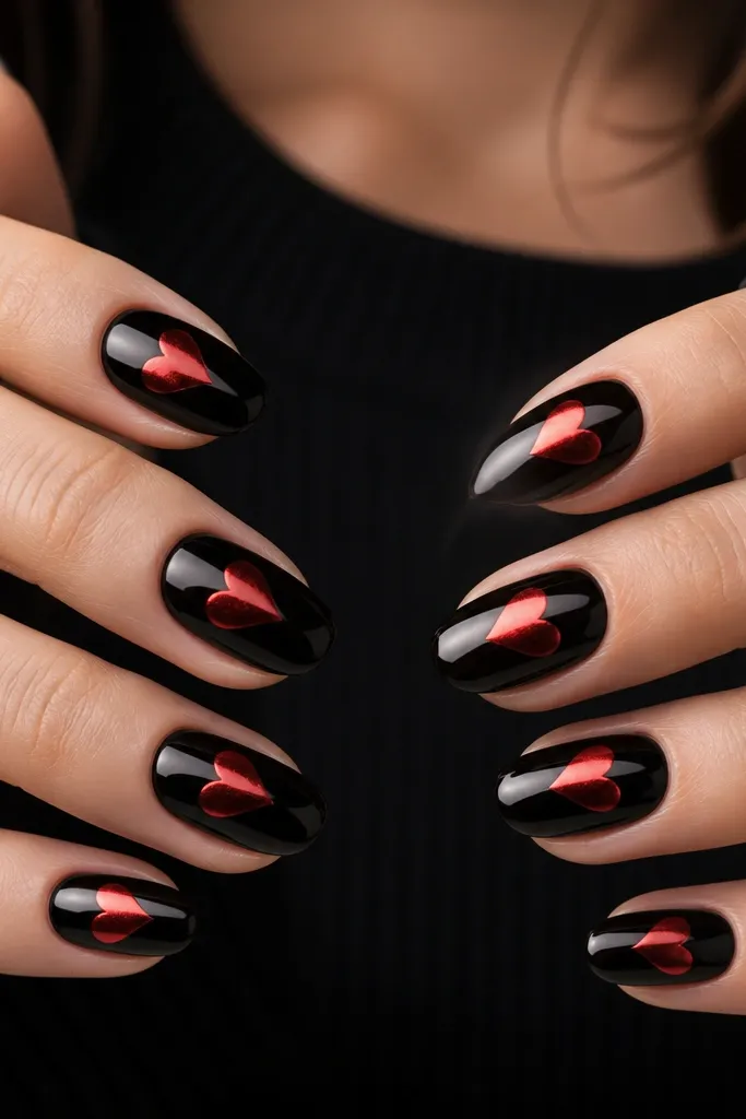 Black mirror glossy nails with a centered red chrome heart on each nail; the heart has a smooth metallic sheen and sharp edges.