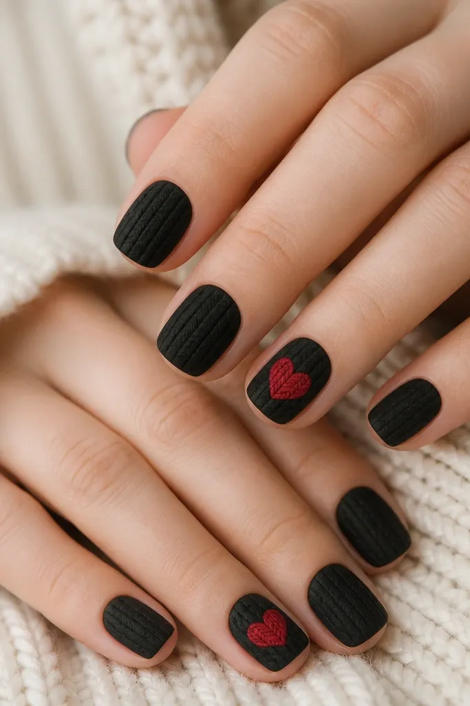 Short squoval nails with a subtle black knit texture; one nail per hand has a small red heart patch effect in the center, like a fabric appliqué.