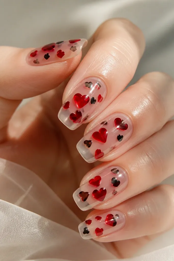 Clear jelly nails with floating red and tiny black hearts scattered near the center; the jelly has a slight glossy translucency.
