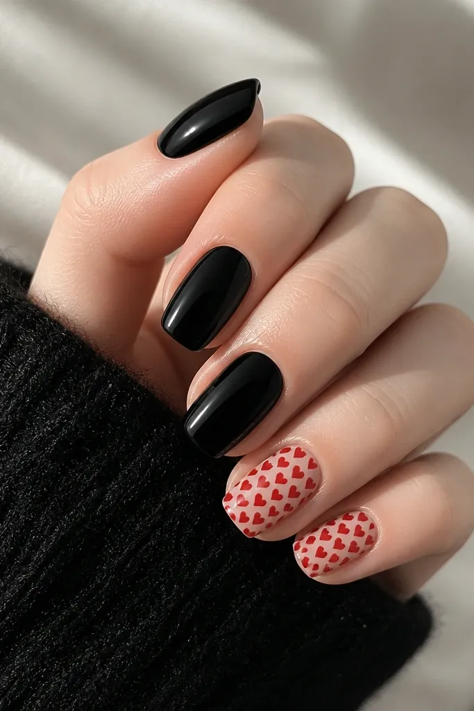 Solid glossy black nails with two accent nails stamped using a red heart pattern; the stamped hearts look crisp and repeated in a clean grid.