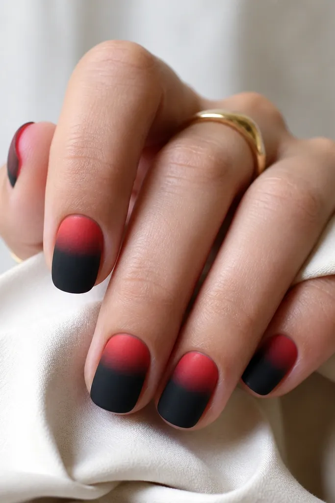 Short to medium nails with matte black on the lower half of the nail; the top half fades from nude into red ombre tips with a soft gradient.
