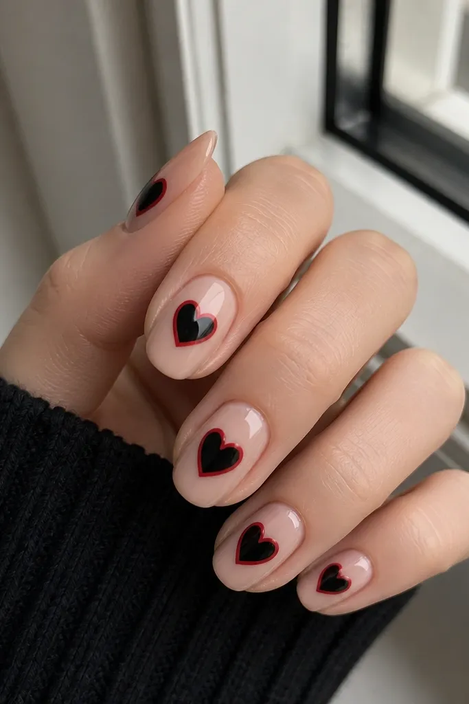 Nude base nails with black heart shapes centered; each heart has a thin red outline; glossy finish on the nude and hearts.
