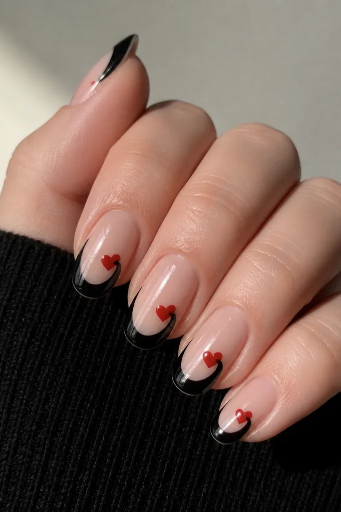 Medium nails with a black French tip curved like a swirl; red hearts sit at the ends of the swirl on each nail, with glossy finish.