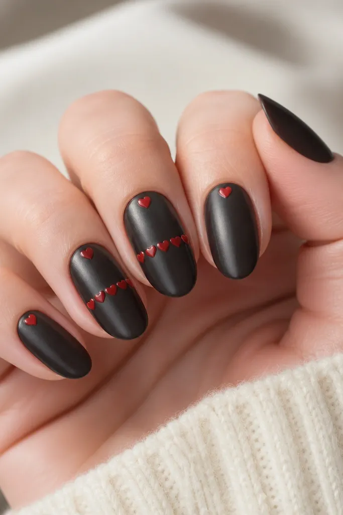 Short almond nails in cocoa-black creme polish with a soft satin sheen. On two accent nails, tiny cherry-red heart links form a chain across the nail from sidewall to sidewall, with thin black gaps between each heart. The other nails stay mostly plain, with one small heart at the cuticle on each.
