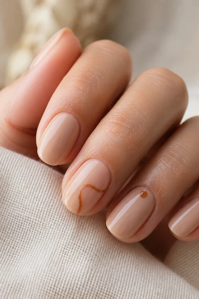 Four nude nails in warm beige with a glossy finish; one accent nail shows a thin caramel-brown swirl starting near the cuticle and looping toward the side; another nail has a tiny caramel dot near the base.