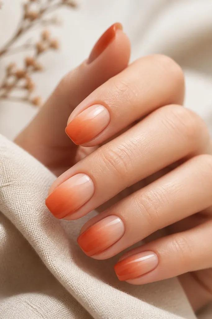 Ombre nails with a sponge-blended gradient: pale peach near the cuticle fading into burnt orange and rust at the tips; glossy top coat makes the gradient look smooth.