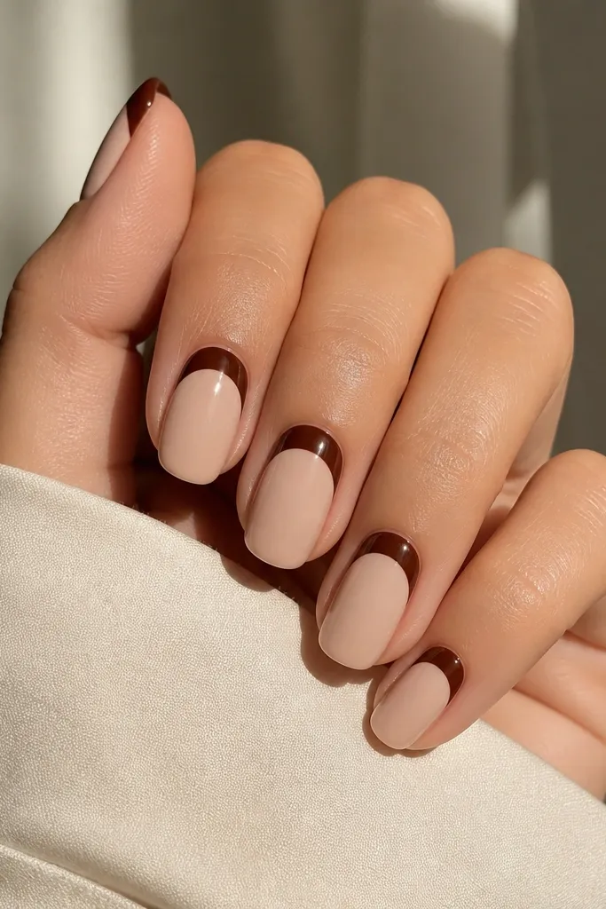 Creamy nude nails with a glossy finish; the top half of each nail has a chocolate-brown half-moon at the tip, leaving a curved nude line near the center.