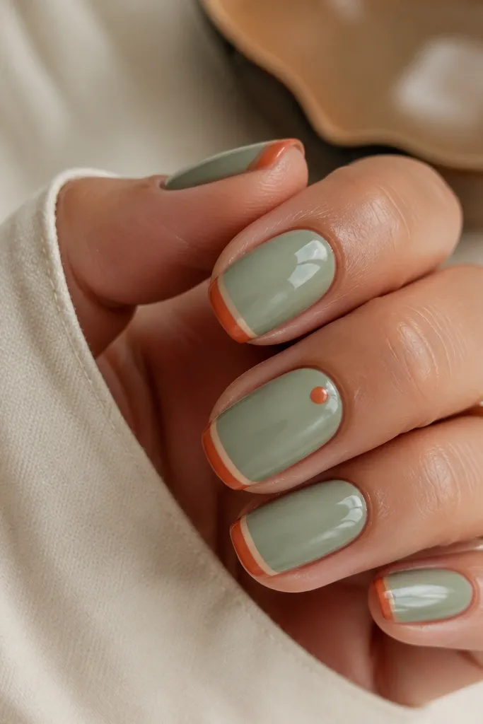 Soft sage green base nails with glossy finish; each nail has a thin French tip split into terracotta orange on one side and a muted nude line on the other; one accent nail has a tiny terracotta dot near the cuticle.