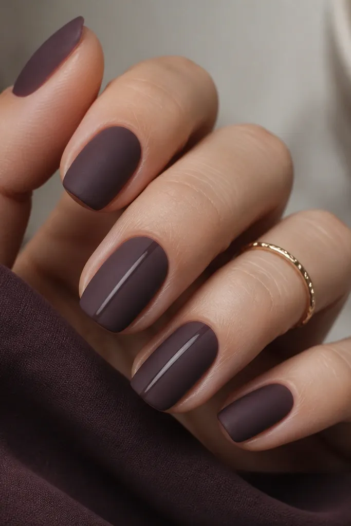 Deep plum nails in matte finish; on two nails there is a single thin glossy stripe running vertically from cuticle to tip.