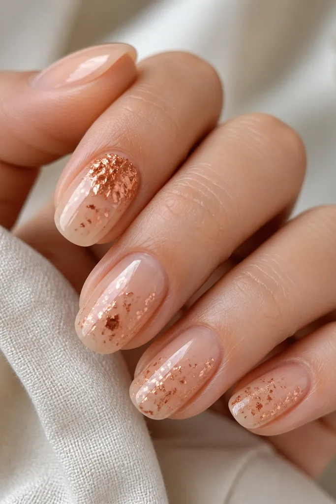 Nude nails with glossy finish; scattered copper foil flakes create a speckled pattern across the center and near the tips; one nail has heavier foil near the cuticle.