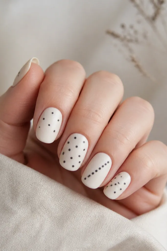 Cream base nails with matte finish; several nails have scattered tiny blackened olive dots, with one accent nail featuring a diagonal line of dots.