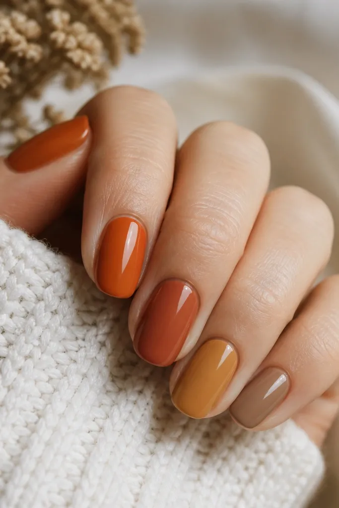 Each nail shows a different burnt fall shade: burnt orange, terracotta, caramel, and a muted taupe, all glossy; the ring finger has a solid caramel tone while the rest vary.