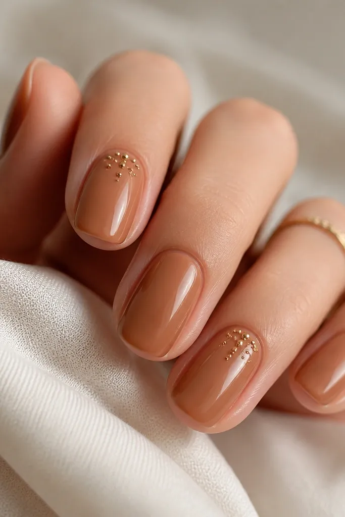 Warm gingerbread nude nails with glossy finish; two nails have tiny gold studs clustered near the cuticle like sugar sprinkles.