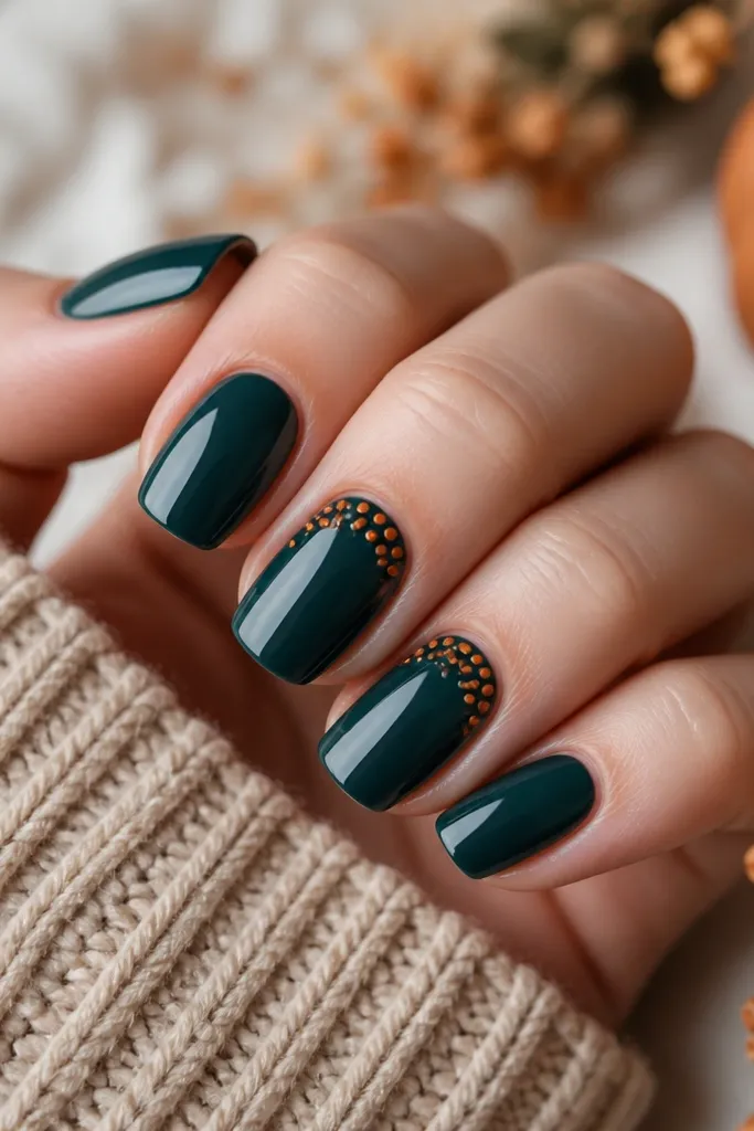Deep teal glossy nails; on one or two nails there's a cluster of small pumpkin orange dots in the top corner near the cuticle and side.