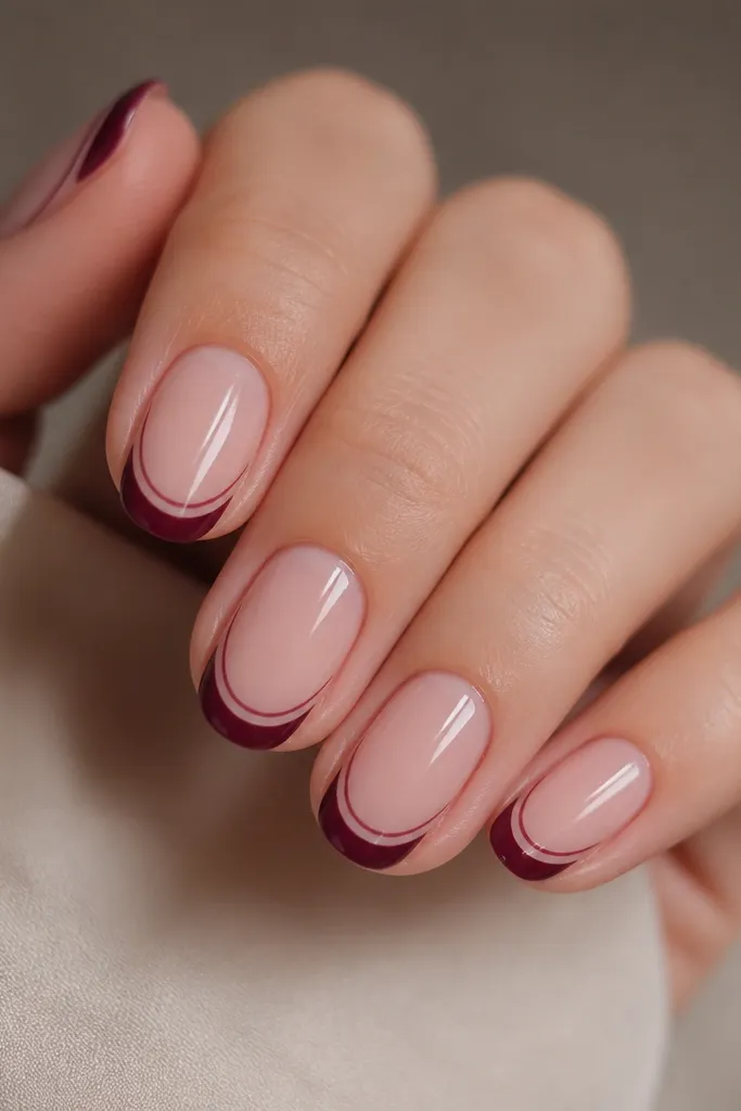 Plum French tips on a nude base; a thin nude inner line runs parallel to the French edge, creating a double-line look; glossy finish.