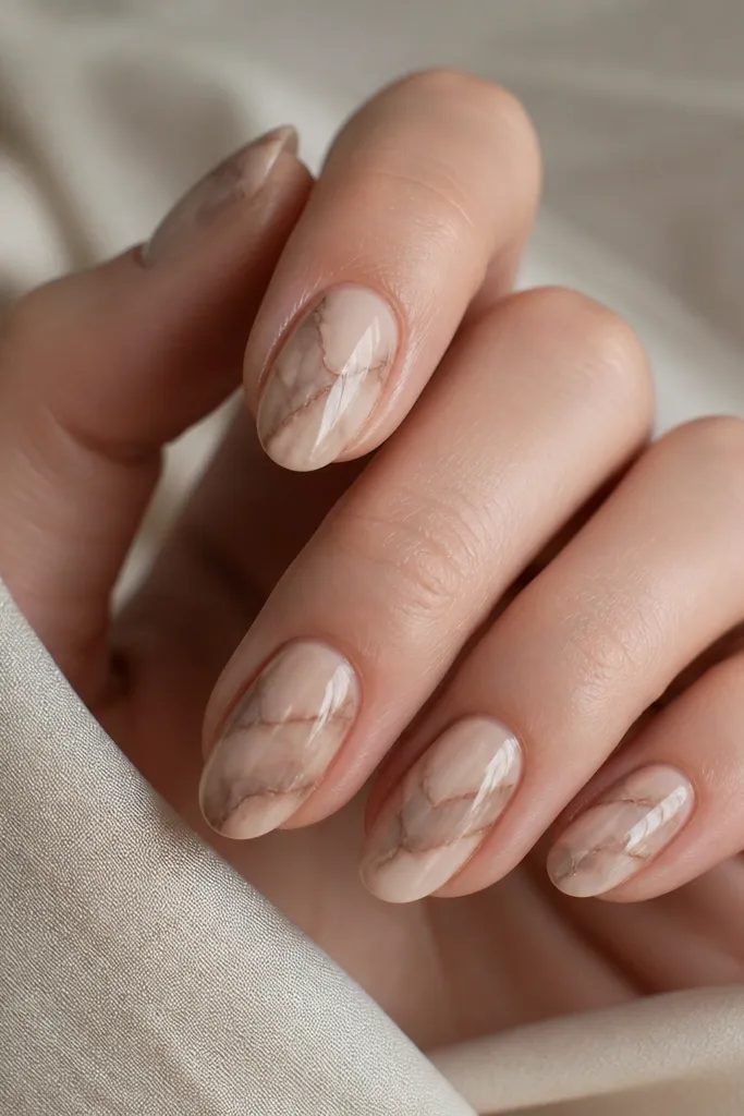 Taupe and light beige marble effect on nude base nails; thin darker taupe veins run across like stone; glossy finish, with clean edges and marbled lines.