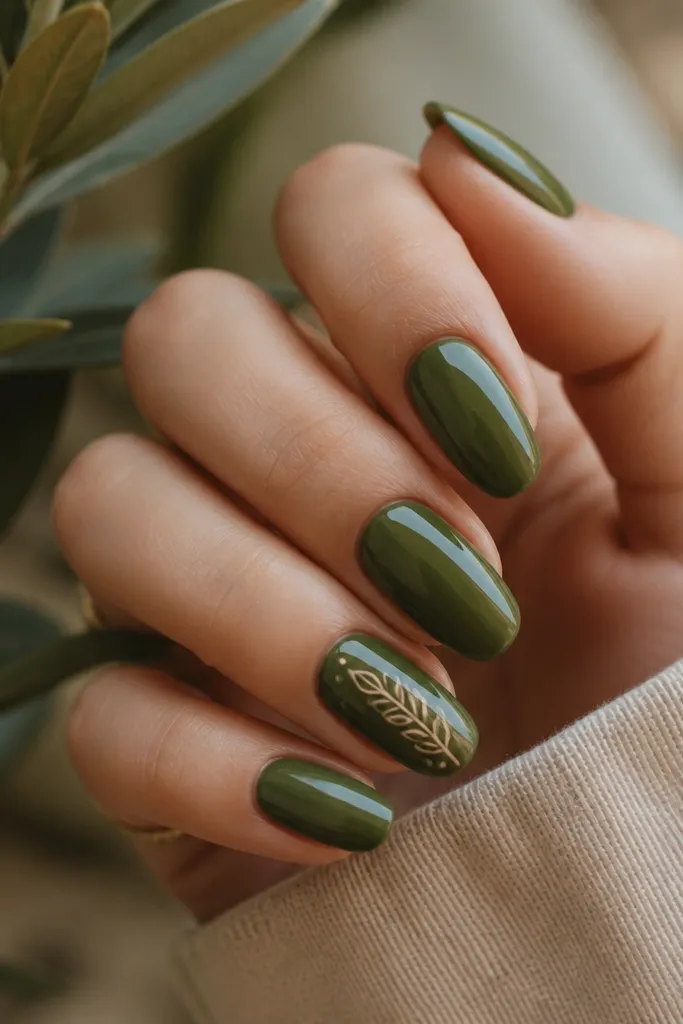 Olive green glossy nails; one accent nail has a simple leaf outline in light beige and a few small dots, positioned along the side of the nail.
