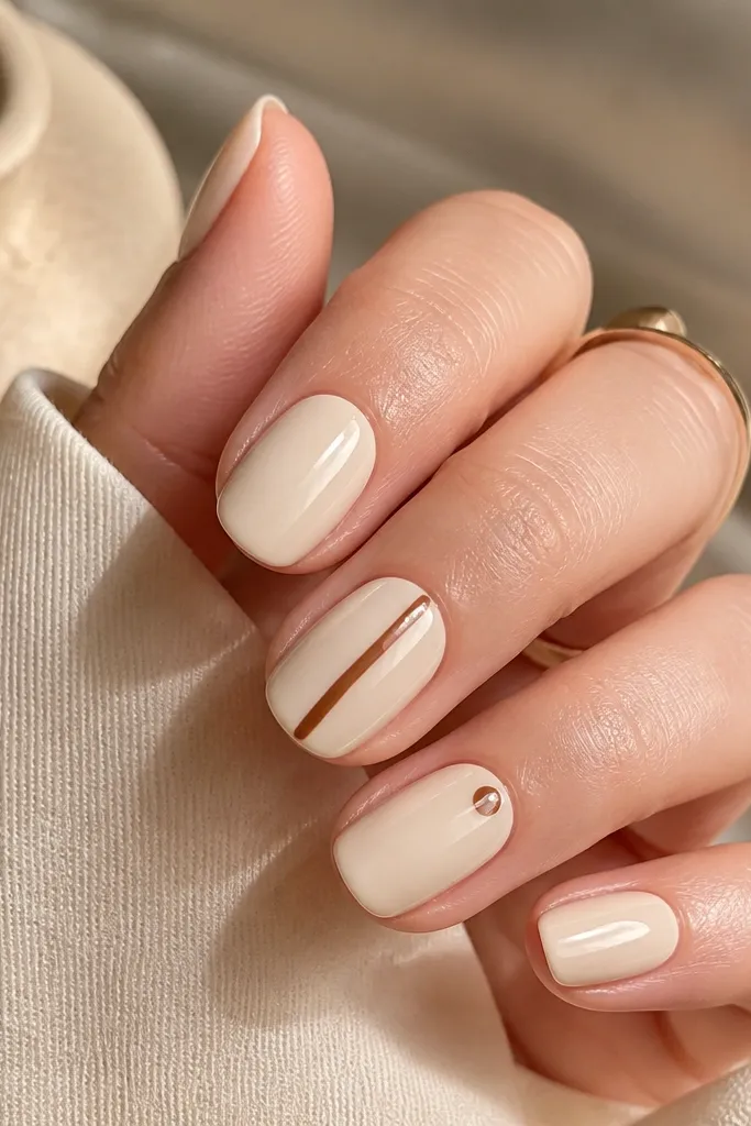 Cream glossy nails; one accent nail has a single cinnamon-brown stripe running vertically, with a tiny curved highlight line next to it; another nail has a small brown dot near the cuticle.