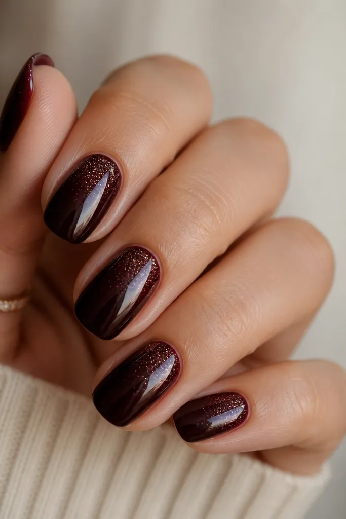 Black cherry glossy nails; the tips fade into micro fine glitter, like a soft sparkle ombre; only the top third has glitter.