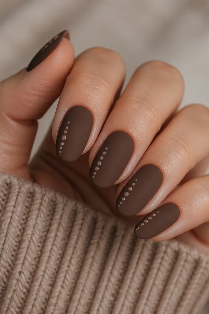 Matte chocolate brown nails; along one side of each nail there's a short trail of small nude dots that fade toward the tip; glossy dots stand out against matte.