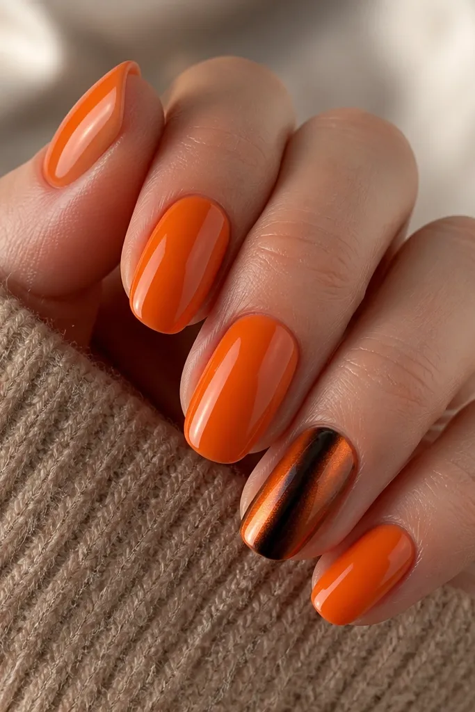 Bright pumpkin orange glossy nails; one accent nail has a small vertical cat-eye effect strip in black near the center, with a subtle magnetic sheen; rest is solid orange.