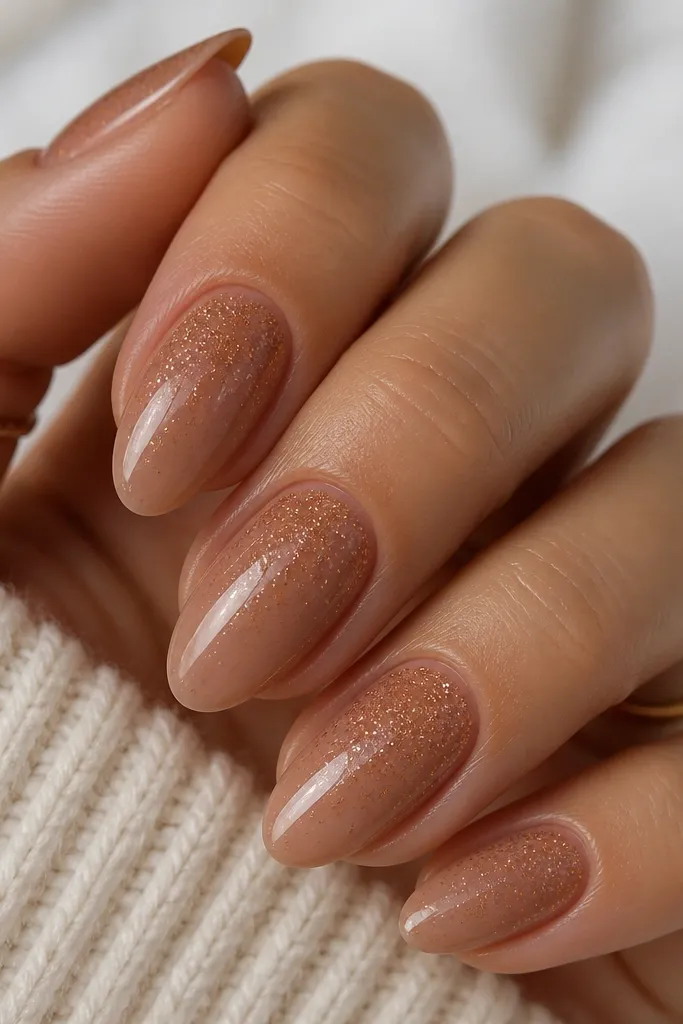 Cinnamon nude glossy nails; the top half of each nail has a soft glitter overlay that fades slightly toward the middle; the bottom half stays plain.
