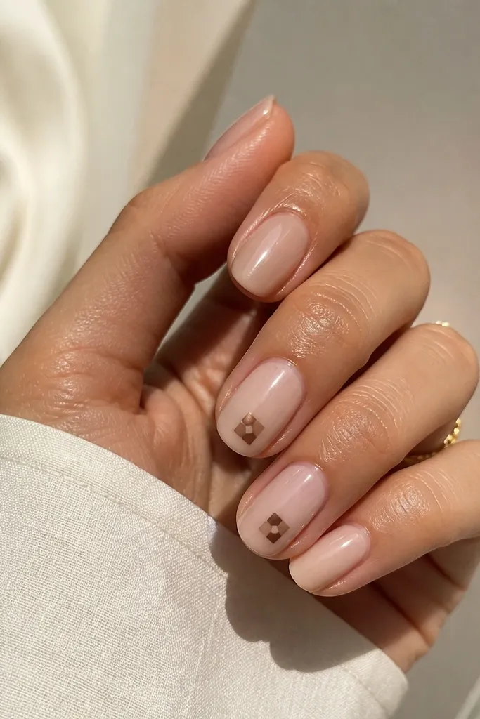 Oat milk nude nails with glossy finish; two nails have a tiny brown check pattern in a small square near the center or tip; the rest are plain nude.