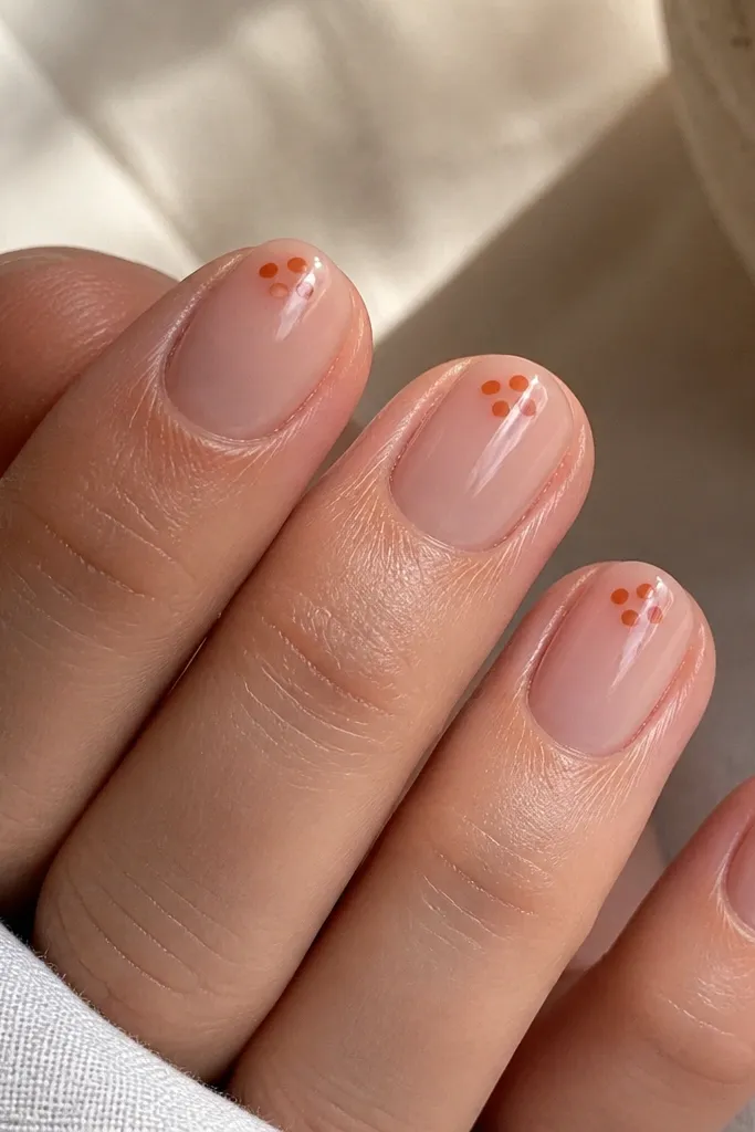 Sheer nude nails with glossy finish; on each nail there's a small cluster of terracotta dots near the cuticle, like a little bunch of berries.