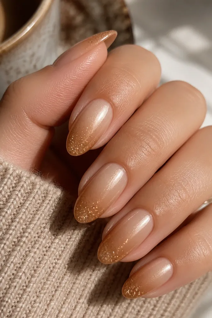 Close-up of almond-shaped nails in warm nude. The color fades from milky beige near the cuticle into caramel-brown at the tips, with a soft chrome sheen that catches light like a latte surface. Tiny toasted-almond micro-glitter is concentrated on the last 2-3 mm of each nail.