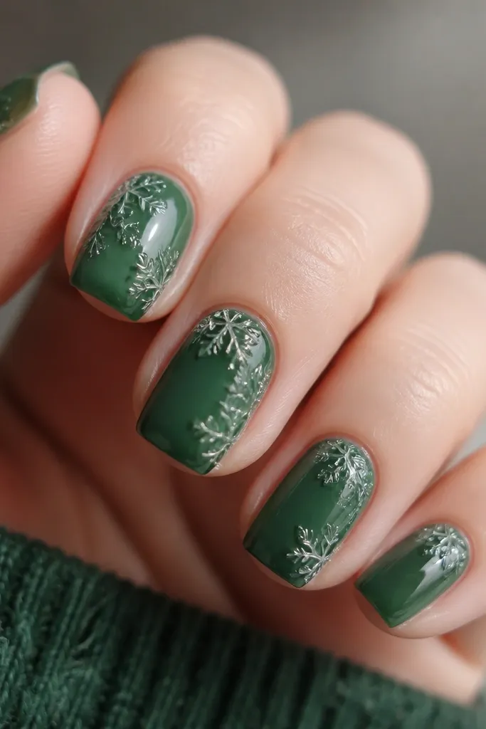 Neon-free evergreen green nails on short square shapes. The green is glossy and slightly translucent in the middle. Clear jelly snowflakes are placed near the cuticle and along one side of each nail, with tiny raised edges that look like frozen glass.